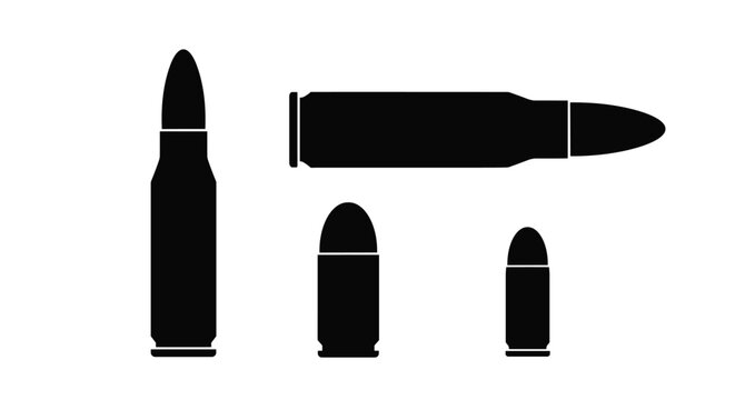 Four black silhouettes of various types of ammunition and bullets from small handgun rounds to large rifle cartridges.