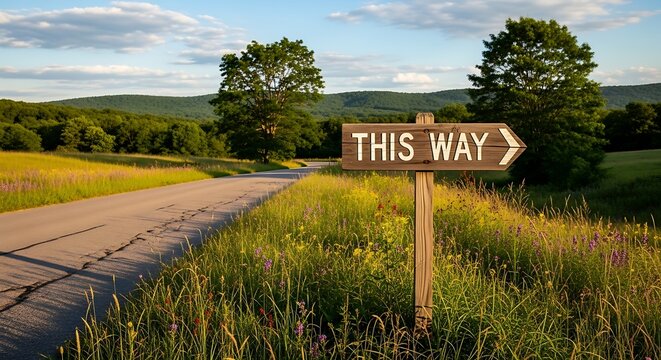 A wooden sign pointing "THIS WAY" at a fork in a rural road