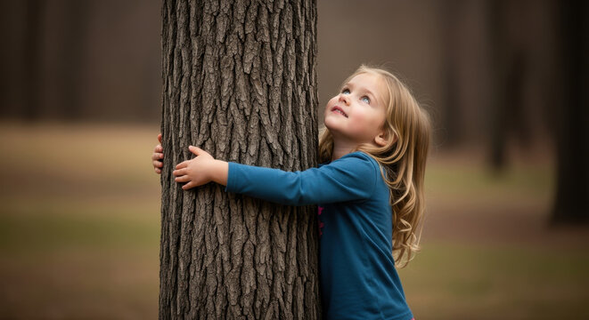 Young girl with blonde hair tenderly hugging a large tree trunk in a natural outdoor setting