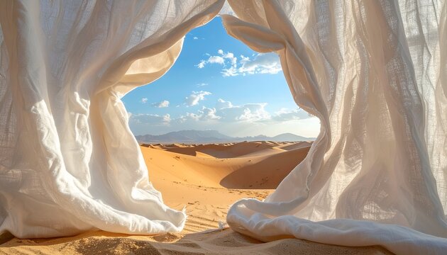 Desert dunes framed by sheer white curtain, open sky view
