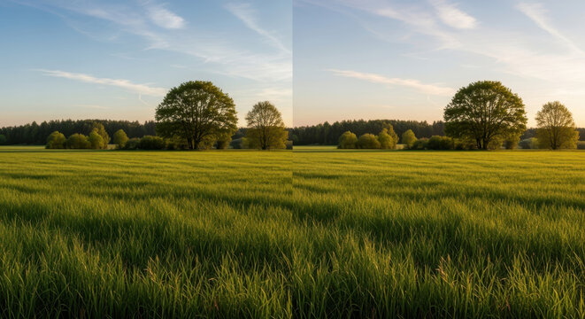 A split-screen view of a vibrant green meadow and distant treeline under a soft blue sky