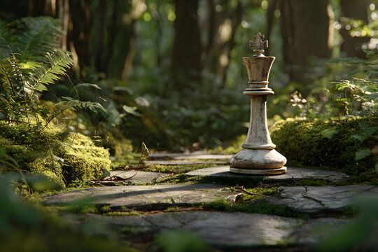 A lone white chess king stands on a mossy stone in a vibrant, sunlit forest, with a chessboard in the soft background.