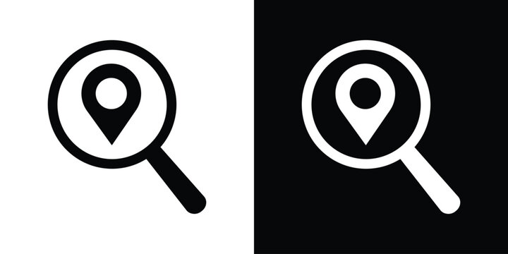 Search location icon set. Magnifying glass with map pin symbol in black and white vector format for address finder and navigation search bar UI.