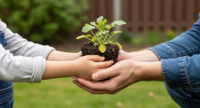 A Child and Adult Hands Together Carefully Holding a Young Plant in Soil Outdoors