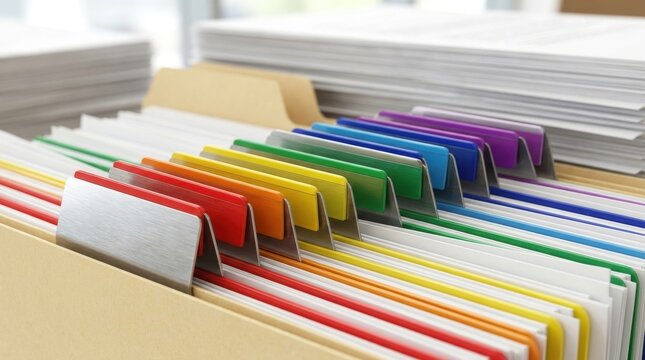 Vibrant rainbow of metal tab dividers organizing files in a modern office setting