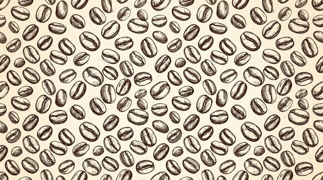 Seamless vector pattern with hand drawn sketch coffee beans on vintage cream background. Monochrome brown line art style with scattered arrangement. Perfect for coffee packaging, cafe branding, menu d
