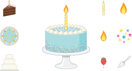 Birthday Cake Celebration Collection Vector Illustration with Candles Sprinkles and Party Dessert Elements Isolated for Festive Holiday Design © MstGulzan