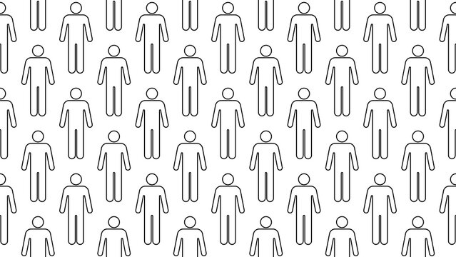 Seamless repeating pattern of male human figure line icons with arms extended, designed as minimal outline symbols on a transparent background for human, men, and male-themed pattern backgrounds.
