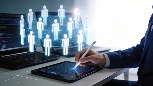 Business professional drawing digital network, connecting people icons on tablet, holographic social media concept, team collaboration technology, remote work communication