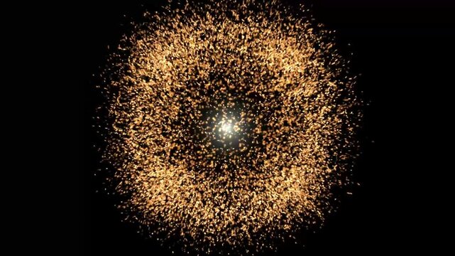 Abstract fire particles explosion animation with futuristic big bang sparkles in 4k, glowing colorful dust, radiant energy shockwave, cinematic embers, and elegant motion graphics on black background
