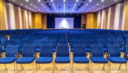 Naklejka premium Auditorium with blue seating facing a stage with dark curtains