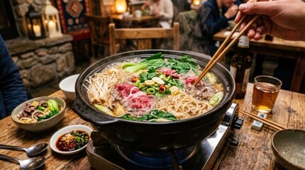Fototapeta premium A person uses chopsticks to stir a large pot of hot pot soup. The soup contains various ingredients like beef, noodles, vegetables, and mushrooms. 