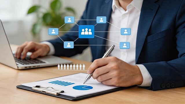 Business team organization structure diagram, corporate hierarchy network, human resources management, employee connection icons, professional working environment, strategic