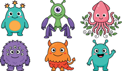 Cute cartoon monster and alien character set with funny colorful creatures squid fluffy beast devil and cyclops perfect for kids vector illustration collection © Rejaul