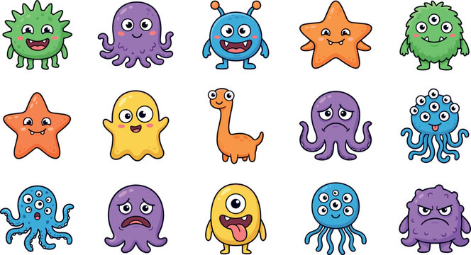 Cute cartoon monster character set with funny alien creatures colorful spooky beings adorable emoji expressions perfect for kids vector illustration collection