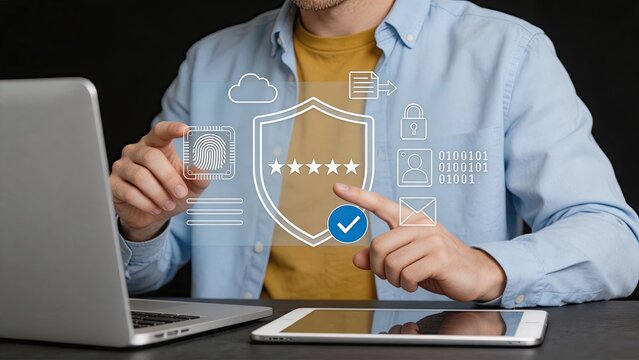Man using laptop with holographic security shield, cybersecurity protection concept, digital identity verification, password safety, biometric authentication, data privacy icon,