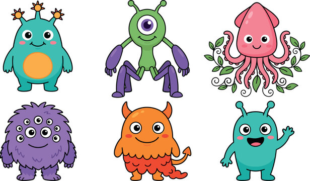 Cute cartoon monster and alien character set with funny colorful creatures squid fluffy beast devil and cyclops perfect for kids vector illustration collection