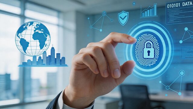 Hand touching virtual fingerprint lock screen, biometric security access control, global city background, data protection concept, cyber safety technology, user identification,