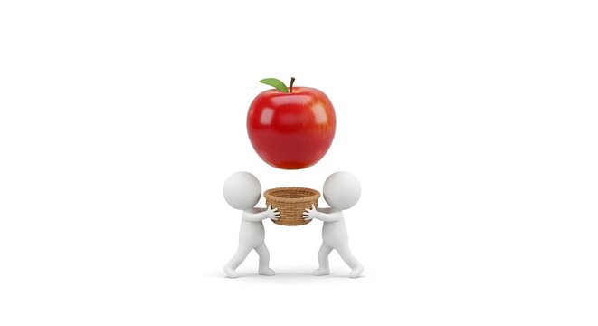 Characters holding a basket to catch a falling red apple