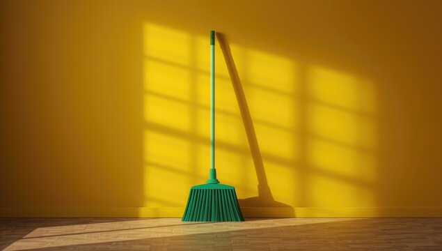 A plastic broom leaning on a radiant yellow wall in a tidy indoor setting