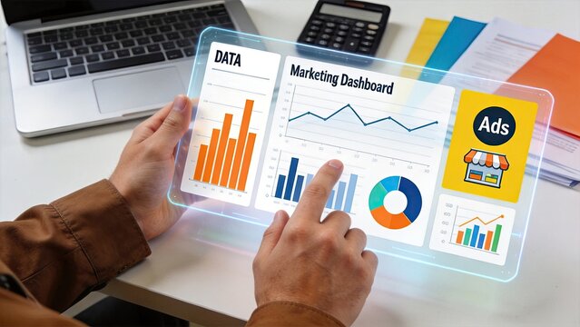 Holographic marketing dashboard with data analytics charts, business statistics, financial graphs, advertising metrics and performance indicators on transparent screen.