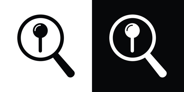 Search location icon set. Magnifying glass with map pin symbol in black and white vector format for address finder and navigation search bar UI.
