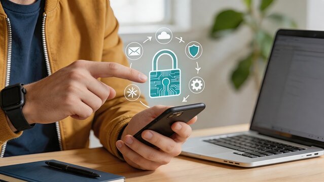 Cybersecurity concept, man holding smartphone with digital lock and security icons floating above screen, data protection technology illustration, secure mobile banking app