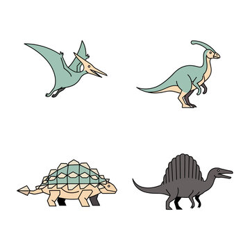 Colorful Illustrations of Various Prehistoric Dinosaurs on White Background.
