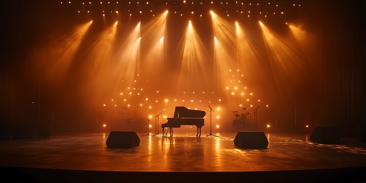 A grand piano and drum kit illuminated by dramatic stage lighting in a smoky performance venue