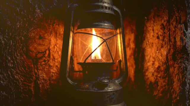 Old vintage oil lamp illuminates dark rustic cave interior with warm flickering flame creating atmospheric glow close up shot of traditional lantern in motion.