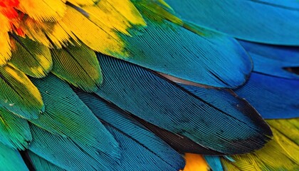Obraz premium Vibrant Macaw Feathers Overlapping in Colorful Bird Plumage Close Up