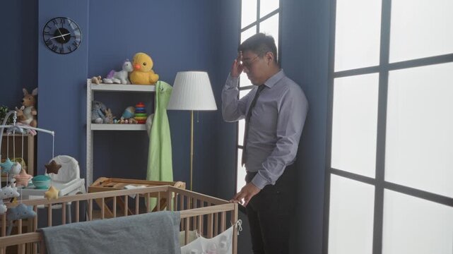 Man touches forehead while holding cradle rail in a studio nursery, looking at empty crib; tiredness fatherhood.