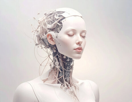White female android robot exposed inner mechanics