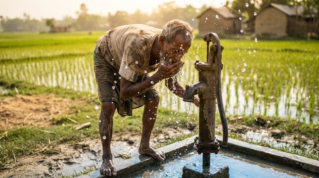 Elderly Bangladeshi farmer washing face with tube well water in a rural village paddy field, agriculture, South Asia, Oryza sativa crop.