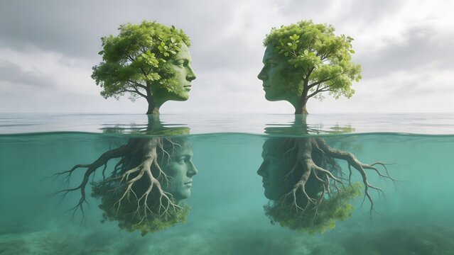 Human faces shaped as trees in water