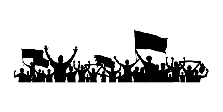 Cheering crowd silhouette with flags - vector illustration