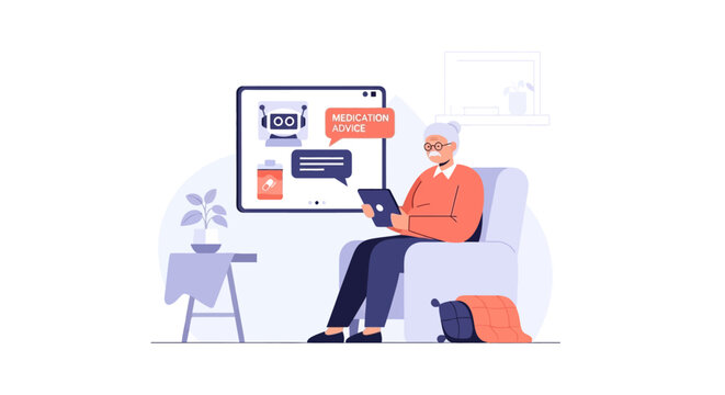 Senior Man Using AI Chatbot for Medical Advice on Tablet, Digital Healthcare for Elderly Concept