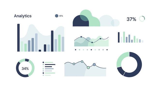 Modern Data Analytics Dashboard with Bar Charts, Line Graphs, and Donut Charts for Business Intelligence and Financial Performance Reporting