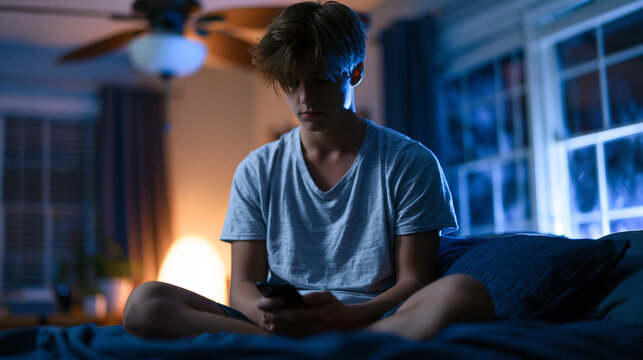 A teenage boy sits cross-legged on his bed at 2am, phone screen dark, ceiling fan spinning slowly, summer heat pressing in through a cracked window, perfect for teenage insomnia, anxiety, and contem