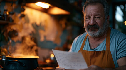 Obraz premium A weathered father in his sixties holds a handwritten letter beside a steaming pot of unfamiliar spices, first generation immigrant kitchen at dusk, warm overhead glow on peeling wallpaper, perfect 