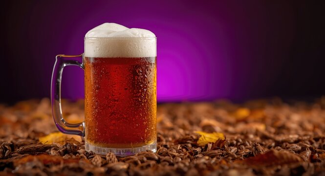 A craft beer mug filled with wheat ale in an autumn setting with purple backlighting