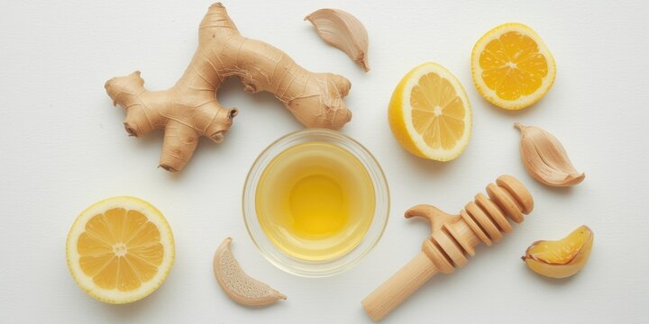 Boosting wellness using garlic ginger lemon and honey shown on a plain white backdrop