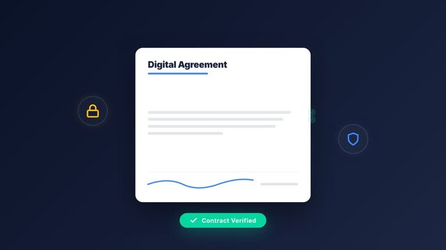 A digital agreement document with a lock and checkmark on a dark background screen for online security and verification process