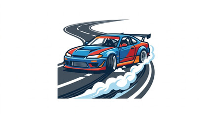 Sports car drifting on a winding road with smoke. © Dodi