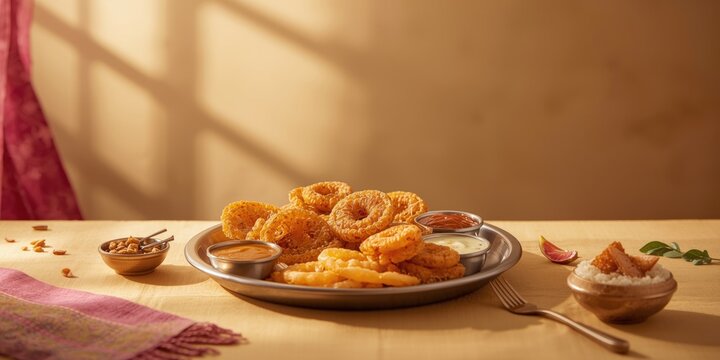 Gujarati Snack Platter with Fafda and Jalebi Warm Lighting, Textured Background, Traditional Setting