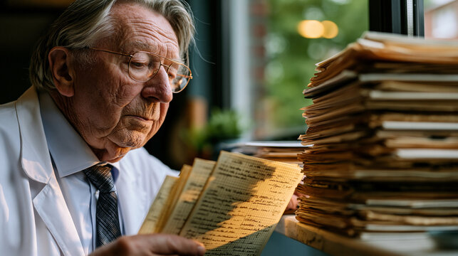 Elderly epidemiologist reviewing decades of handwritten field journals stacked on hospital windowsill, afternoon light throwing long shadows across yellowed graph paper pages, perfect for medical hi