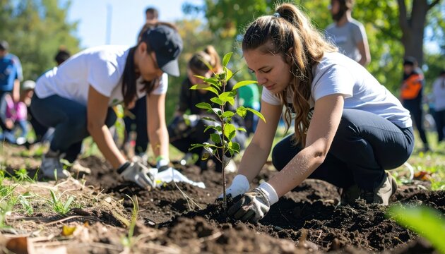 Young Volunteers Planting Tree Seedling in Sunny Community Park