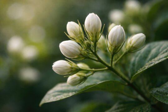 Detailed view of white mogra buds against a muted natural backdrop