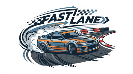 Sports Car Drifting on Race Track with Smoke and Fast Lane Text. © Dodi