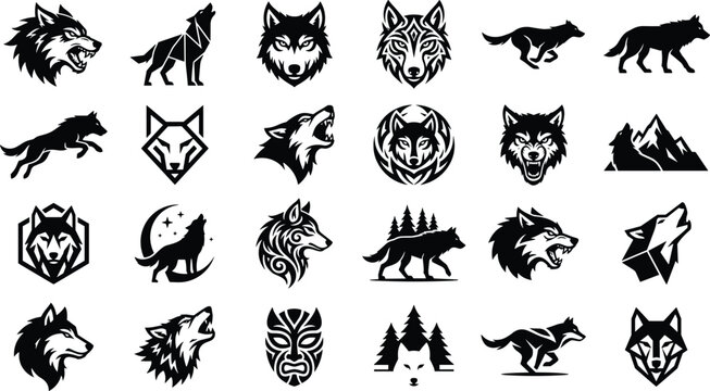 Aggressive Wolf Mascot and Wild Canine Silhouette Logo Collection with Tribal Forest and Mountain Vector Designs